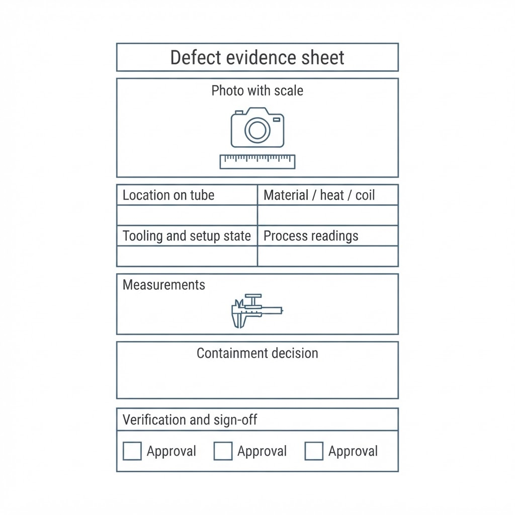 Line diagram of a blank defect evidence sheet with labeled fields for a scaled photograph, location on tube, material and heat identity, tooling and setup state, process readings, measurements, containment decision, and verification sign-off