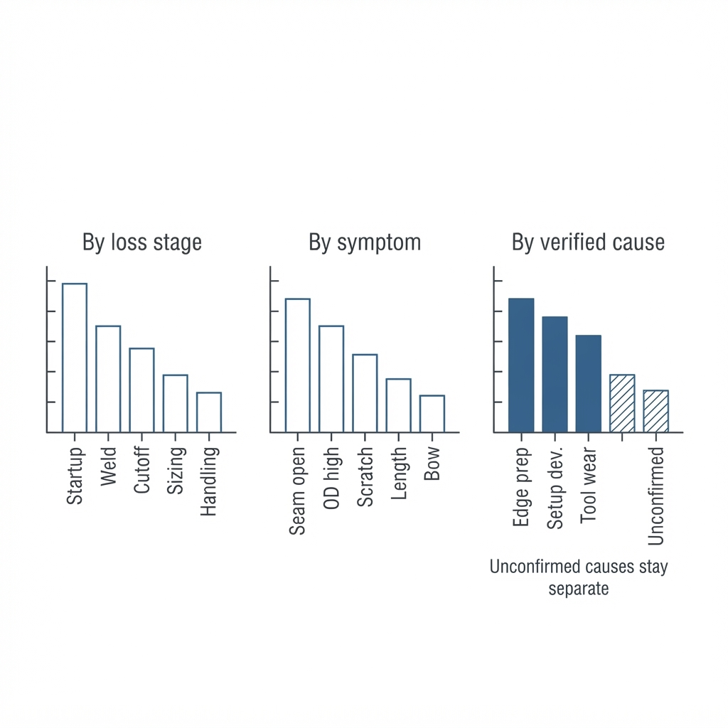 Three side-by-side fictional Pareto bar charts separating scrap by loss stage, by observed symptom, and by verified cause, with unconfirmed causes shown as hatched bars kept separate
